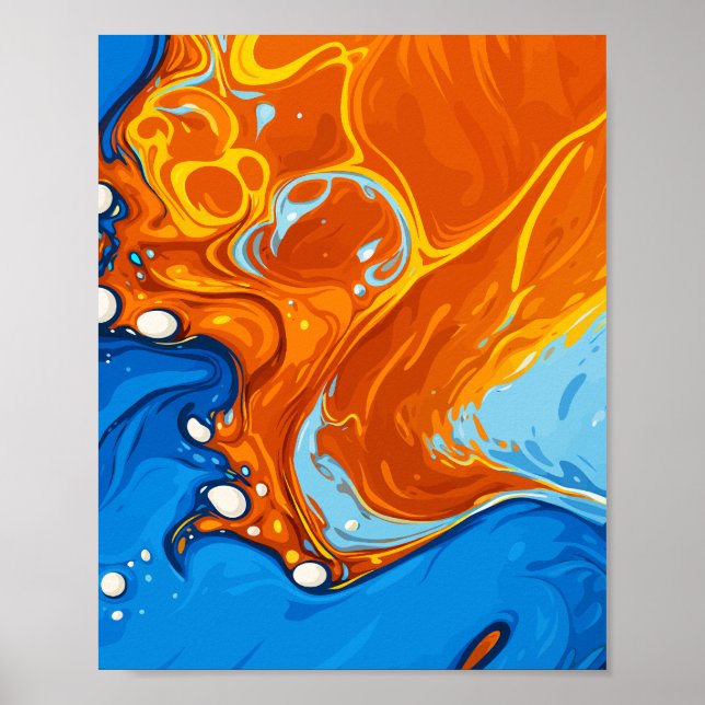 Dynamic Swirls of Blue & Orange in Fluid Motion Poster (Vorne)