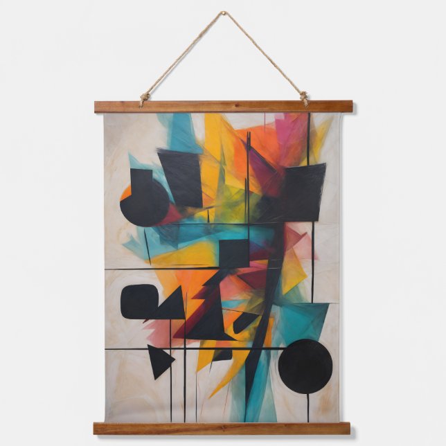 Dynamische Abstrakt Geometrische Kunst Wandteppich Mit Holzrahmen (Vorderseite)