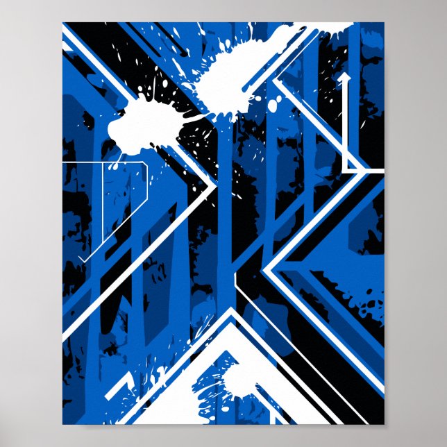 Dynamische blaue Geometrie mit weißen Farbspritzer Poster (Vorne)