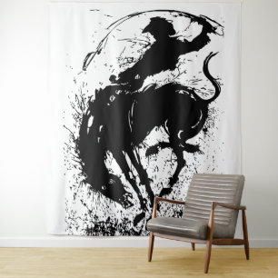 Dynamische Cowboy-Rodeo-Silhouetten-Kunst Wandteppich