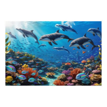 Dynamische Delfin-Gruppe und Fische - Lebendiges K