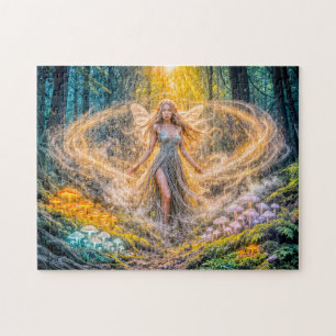 Dynamische Fantasy-Elfe im verzauberten Wald Pilz
