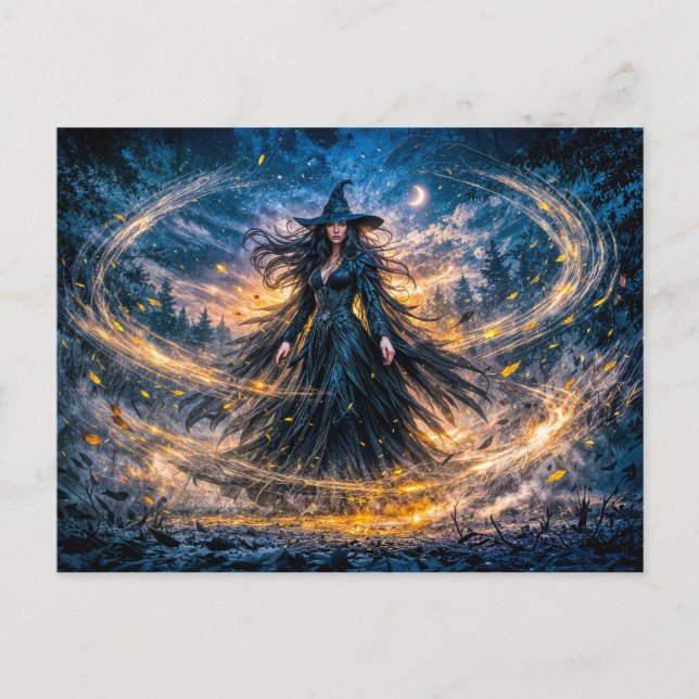 Dynamische Fantasy-Hexe mit magischer atmosphärisc Postkarte (Vorderseite)