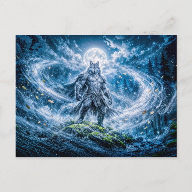 Dynamische Fantasy-Werwolf unter dramatischem Mond Postkarte (Vorderseite)