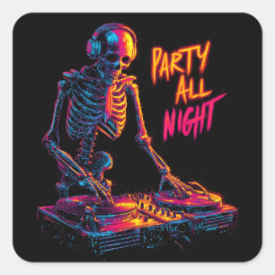 Dynamische Neon-farbige Skeleton DJ Spinning Platt Quadratischer Aufkleber