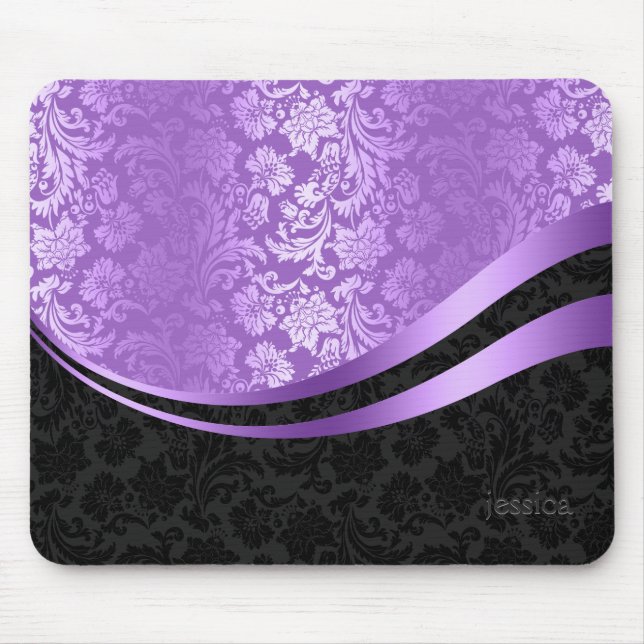 Dynamische Streifen aus schwarzem und lila Damast Mousepad (Vorne)