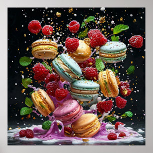 Dynamische Szene von Macarons in einer Explosion v Poster