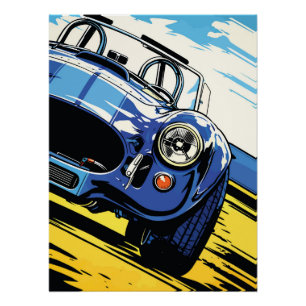 Dynamischer blauer Roadster Pop-Art-Dash Poster