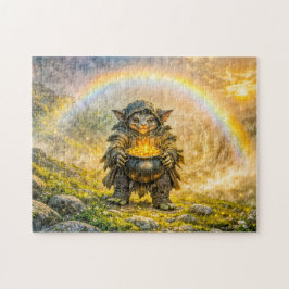 Dynamischer Fantasy-Kobold mit Regenbogengoldtopf