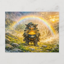 Dynamischer Fantasy-Kobold mit Regenbogengoldtopf