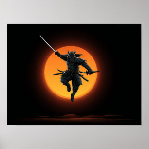 Dynamischer Samurai-Sprung-Silhouette  Poster