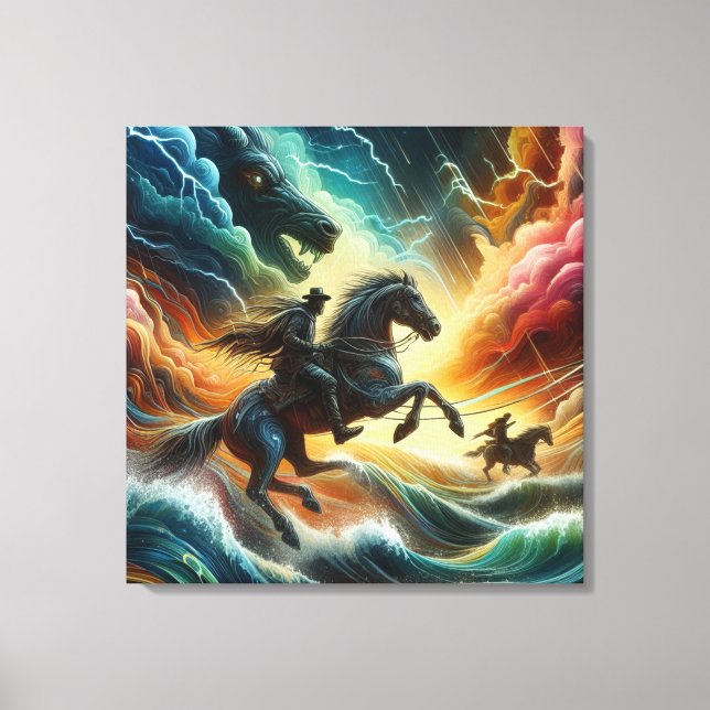 Dynamisches Duo: Stormy Horseback Adventure Leinwanddruck (Vorderseite)