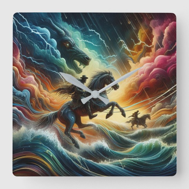 Dynamisches Duo: Stormy Horseback Adventure Quadratische Wanduhr (Vorderseite)