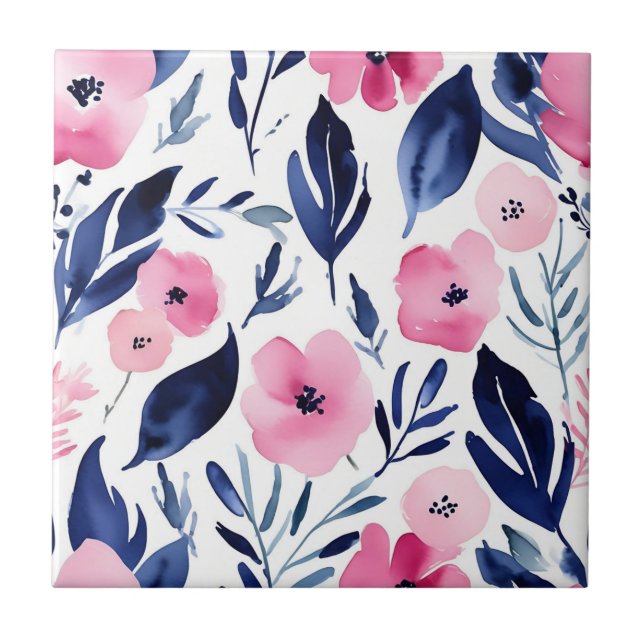 Dynamisches Rosa und Marine Wasserfarbe Fliese (Vorderseite)