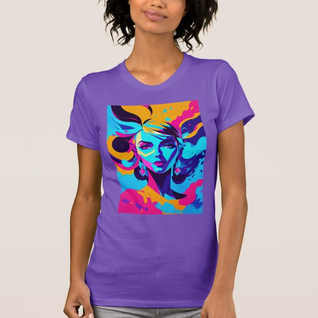 Dynamisches weibliches Anime-Gesicht in strahlende T-Shirt (Vorderseite)