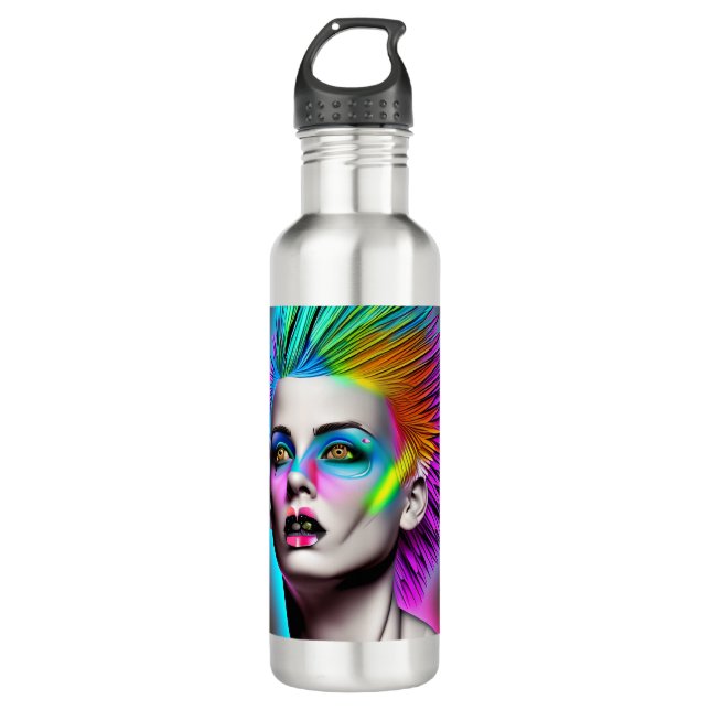 Dystopische Frau in Rainbow Mohawk Abstrakt Modern Edelstahlflasche (Vorderseite)
