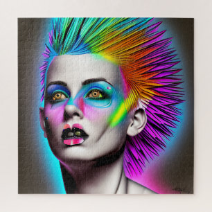 Dystopische Frau mit Regenbogen Mohawk Ai Art