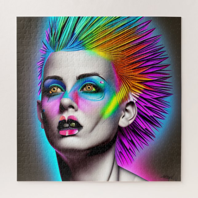 Dystopische Frau mit Regenbogen Mohawk Ai Art (Vertikal)