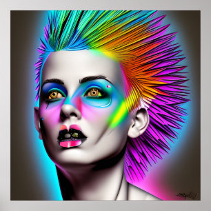 Dystopische Frau mit Regenbogen Mohawk Ai Art Poster