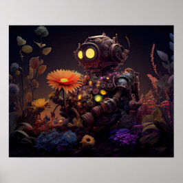 Dystopischer Roboter mit orangefarbener Blume Poster