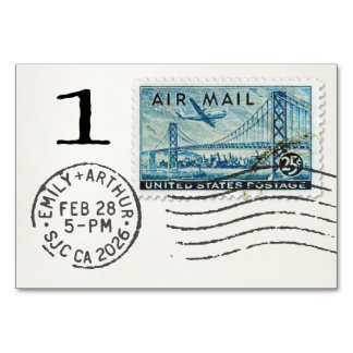 E&A Wedding Reception Table Card 1 Air Mail Stamp Tischnummer