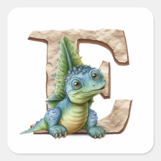 E für Entdeckungen: Dino's Alphabet-Reise Quadratischer Aufkleber (Vorderseite)