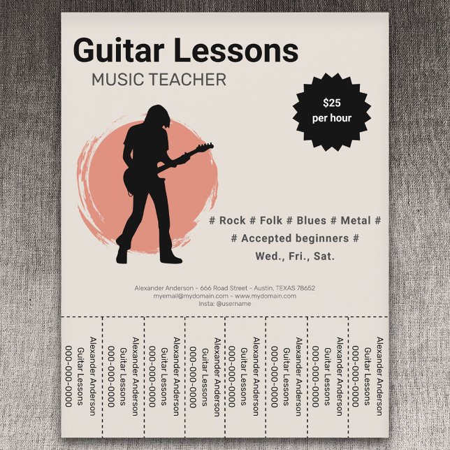 E-Gitarrenunterrichts Abrisszettel Flyer (Electric Guitar Lessons Tear Off Strips Flyer)