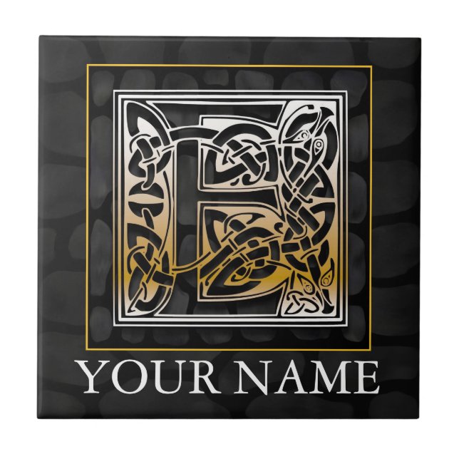 E "Ihr Name" keltische Monogramm-Tile aus schwarze Fliese (Vorderseite)