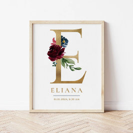 E Letter Monogram Name Marsala Floral Kinderzimmer Poster