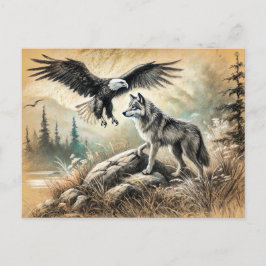 Eagle and Wolf in Wild Landscape Postkarte