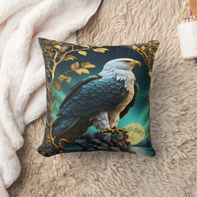 Eagle auf dem Felsen am Moonlit See Kissen (Decke)