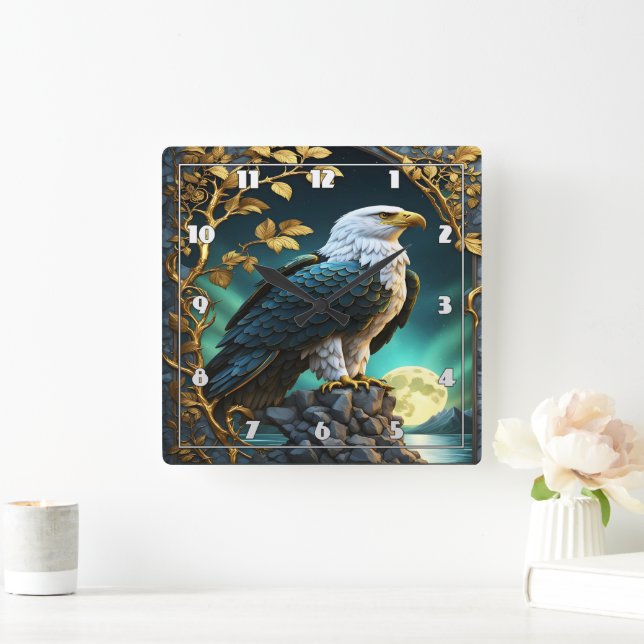 Eagle auf dem Felsen am Moonlit See Quadratische Wanduhr (Zuhause)
