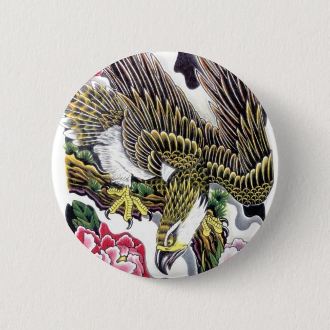 Eagle & Chrysanthemum Tätowierdesign Button (Vorderseite)