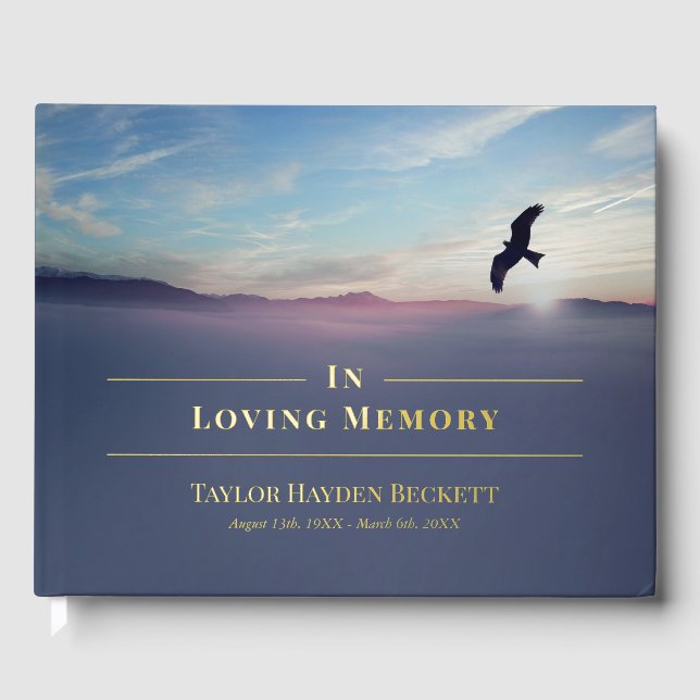 Eagle Over Mountains Blue Memorial Funeral Gold Gästebuch (Vorderseite)