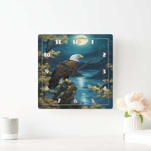 Eagle Perched unter Vollmond über Fluss Quadratische Wanduhr