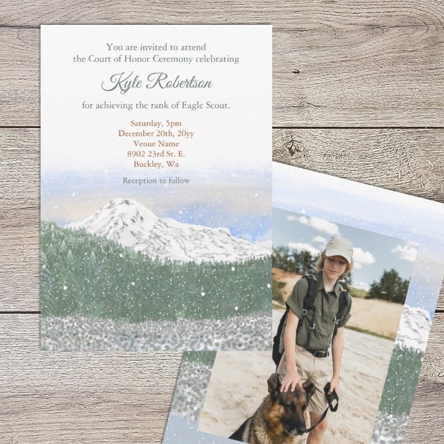 Eagle Scout, Court of Honor, Mt. Rainier Einladung (Eagle scout court of honor invitation with mountains, trees and snow landscape, photo on back)