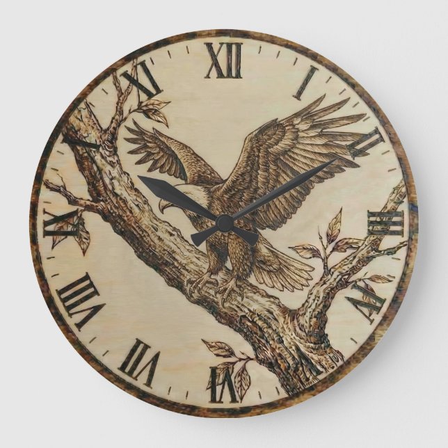 Eagle Wall Clock – Woodland Rustic Style Große Wanduhr (Vorderseite)