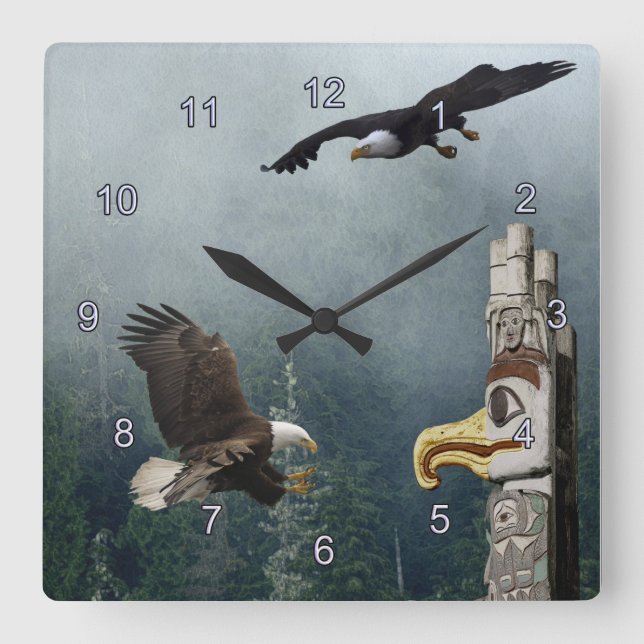 Eagles, Totem Pole & Forest Imaginaire Art Horloge (Recto)