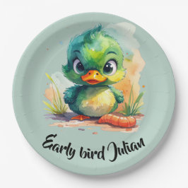 Early bird,  kleine grüne Ente fängt den Wurm Pappteller