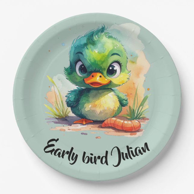 Early bird,  kleine grüne Ente fängt den Wurm Pappteller (Vorderseite)