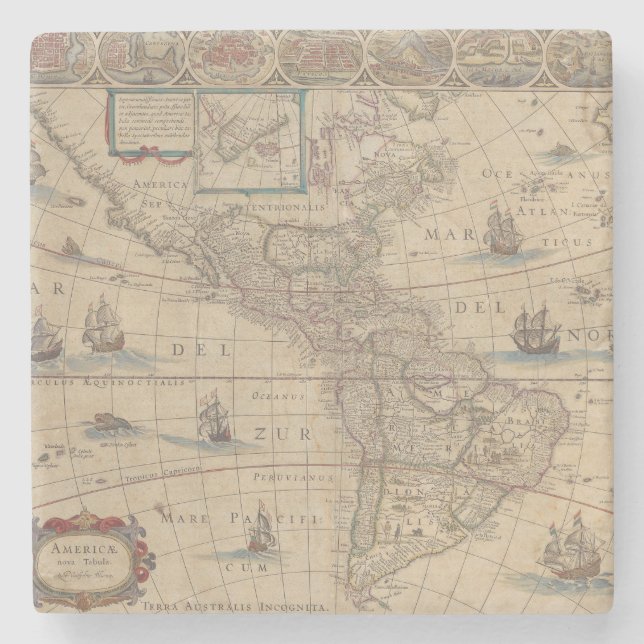 Early Map of America (Nord & Südamerika) Steinuntersetzer (Vorderseite)