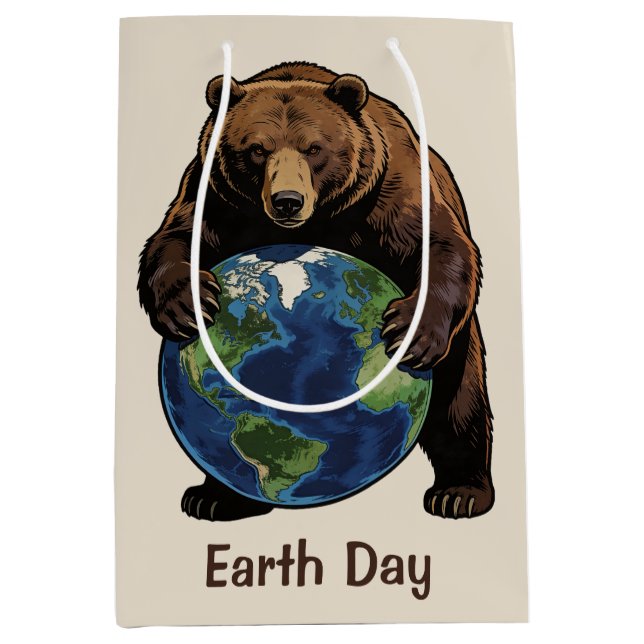 Earth Day Bear Hugging Planet Design Mittlere Geschenktüte (Vorderseite)