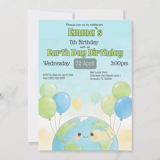 Earth Day Kids Birthday Einladung (Vorderseite)
