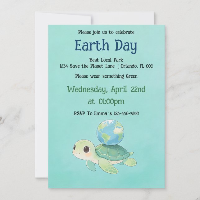 Earth Day Turtle with Globe Einladung (Vorderseite)