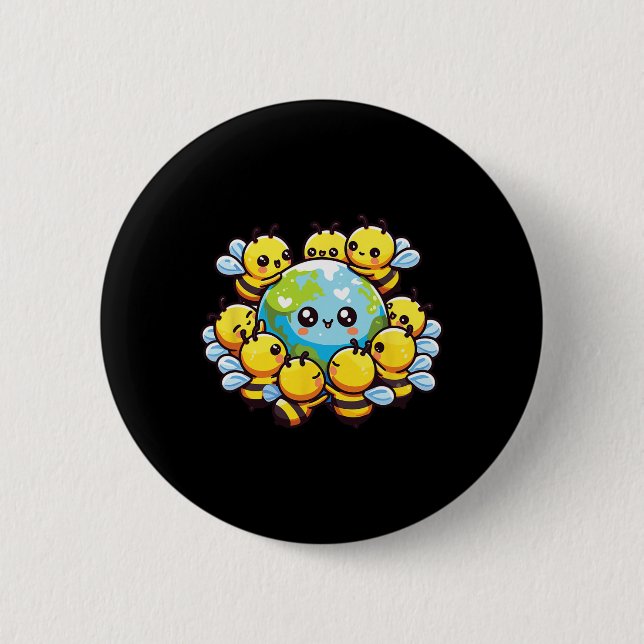 Earth Globe Bee Kawaii Bees Button (Vorderseite)