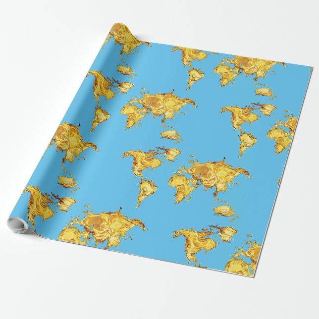 Earth Gold Kontinente Design Blue Sea Geschenkpapier (Ungerollt)