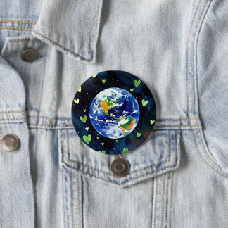 Earth Love Button - Planet with Green Hearts Pin