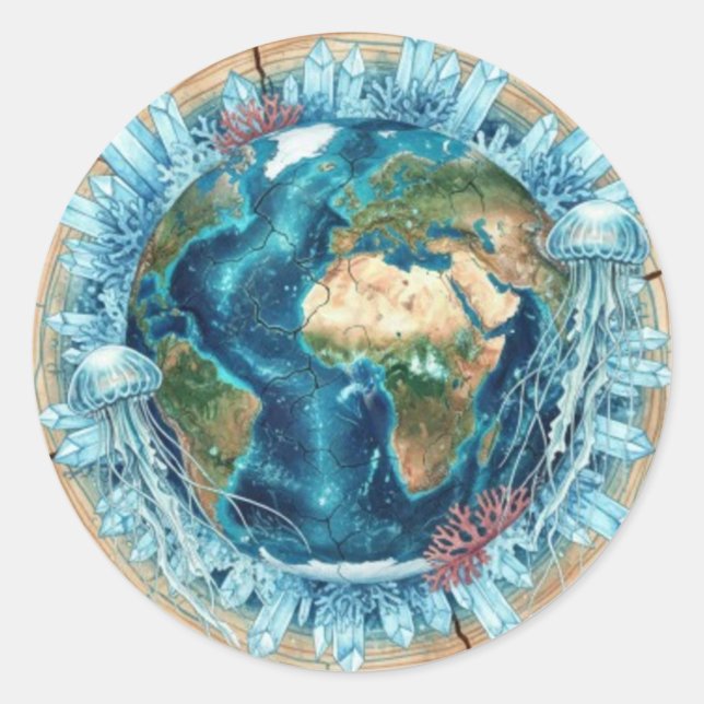 Earth Nature Fusion with Ocean Life & Crystal art  Runder Aufkleber (Vorderseite)