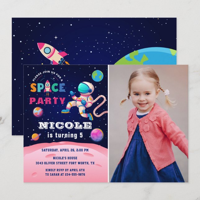 Earth Outer Space Astronaut Galaxy Birthday Foto Einladung (Vorne/Hinten)