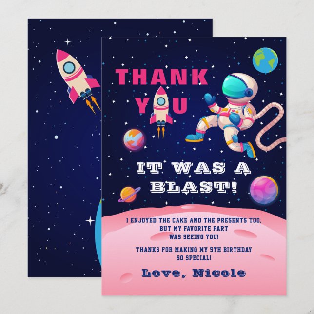 Earth Outer Space Party Rosa Astronautengalaxie Dankeskarte (Vorne/Hinten)